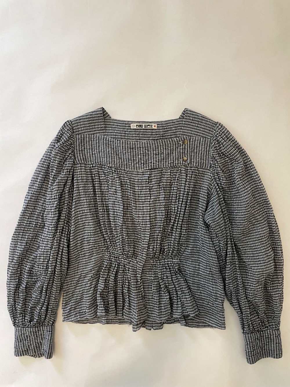 Ciao Lucia Square Neck Blue + White Gingham Smocked Peasant Blouse, Size Small